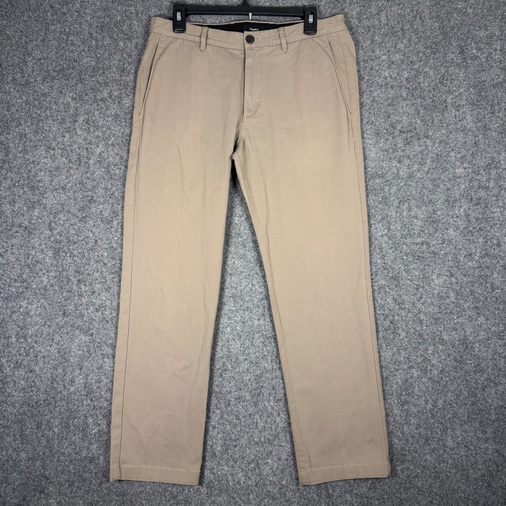 Theory Zaine Witten Chino Pants Men's 32 Khaki Cotton Blend Slim Fit Flat Front